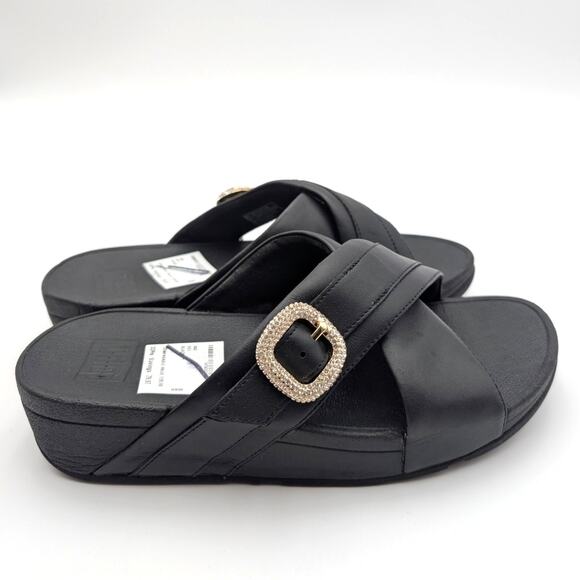 FitFlop LULU Crystal Buckle Leather Cross Slides Sandals Black Size US9 EU41 - Picture 10 of 15